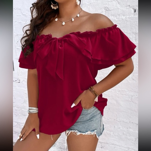 Luxe plus black size off shoulder tie front frill trim blouse - Picture 5 of 15